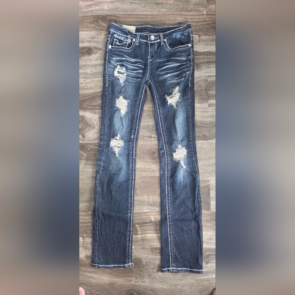 Machine Dark Blue Distressed Boot Cut Jeans